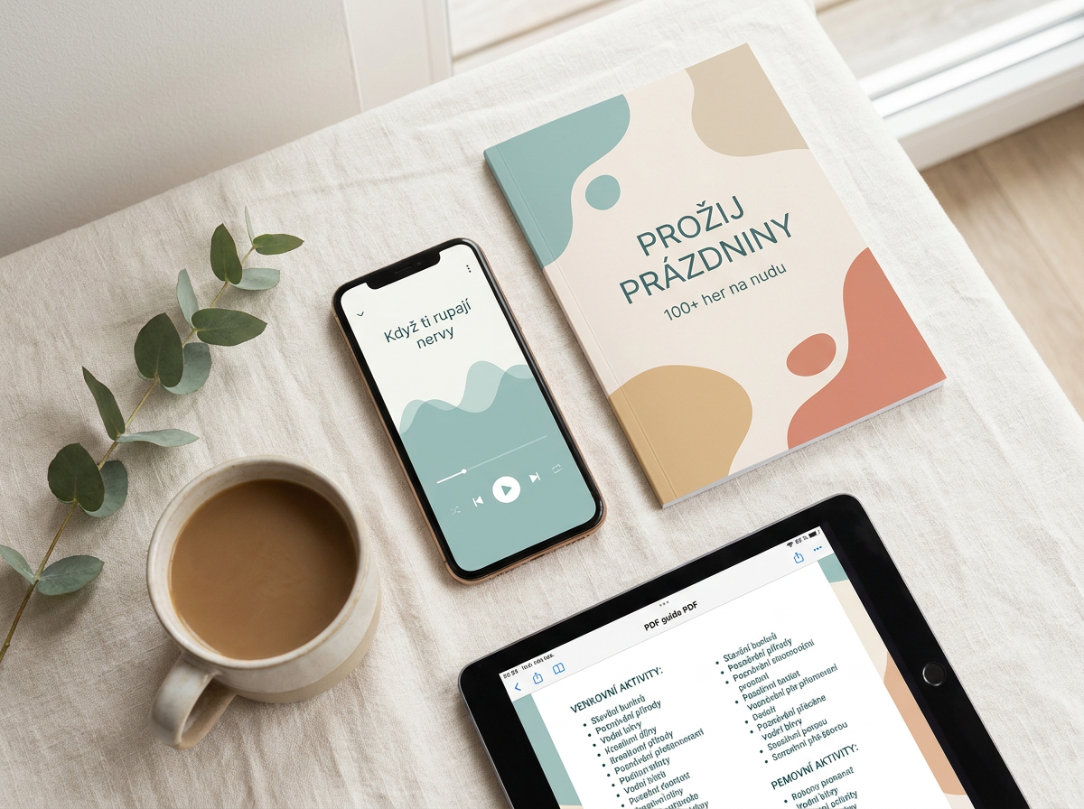 Obsah balíčku Prožij prázdniny – audio v telefonu, brožura, PDF na tabletu